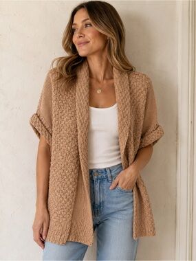 Ruby Rd. Women’s L Taupe Textured Knit Open Front Cardigan Sweater Boho